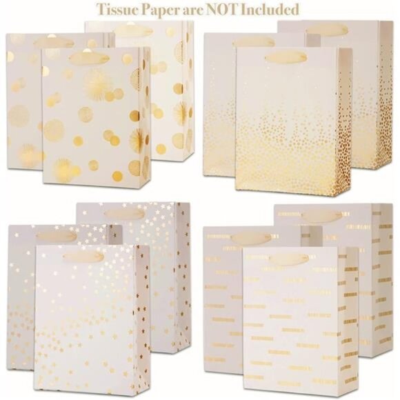 12PCS Cute Metallic Foil Gold Gift Bags Bulk with Handles, Medium 9 Inch Durable - Picture 4 of 7